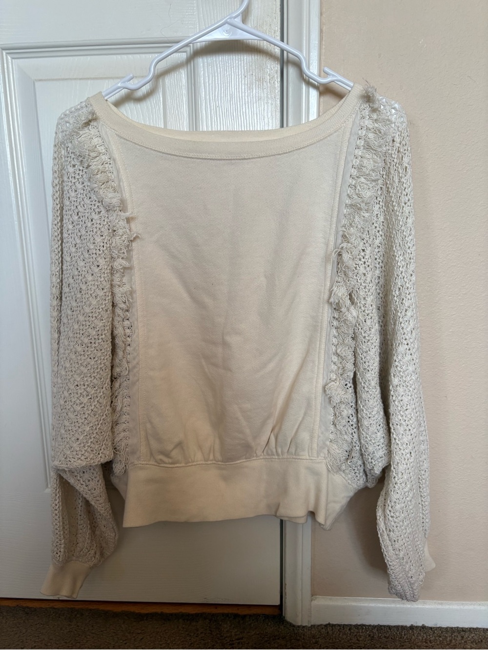 Free People Cream Ivory Crochet Sleeve Sweater Top Boho Long Sleeve